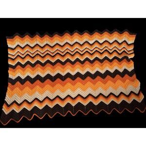 Vintage 70s Crochet Afghan Throw Blanket Orange Brown Tan Chevron Zig Zag 46x32